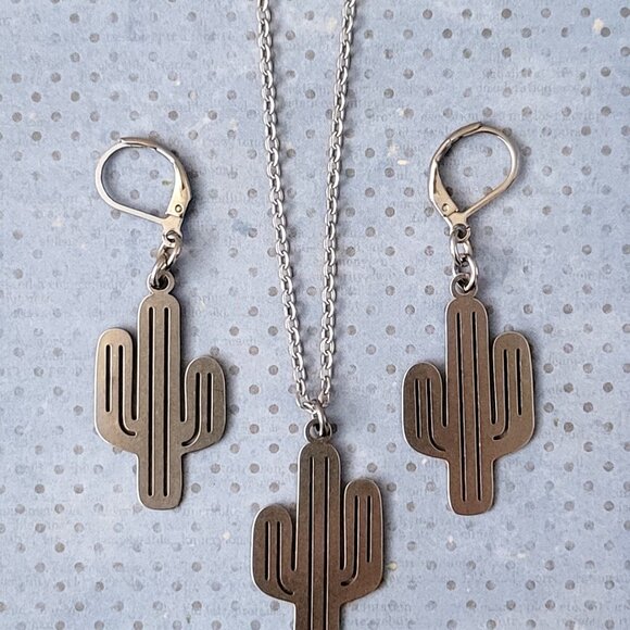 CACTUS Stainless Steel Charm Chain 18" Necklace Earrings Set Western Cowgirl - Picture 7 of 11